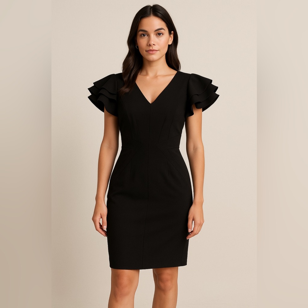 Black Ruffle Sleeve Evening Cocktail Bodycon Mini Dress